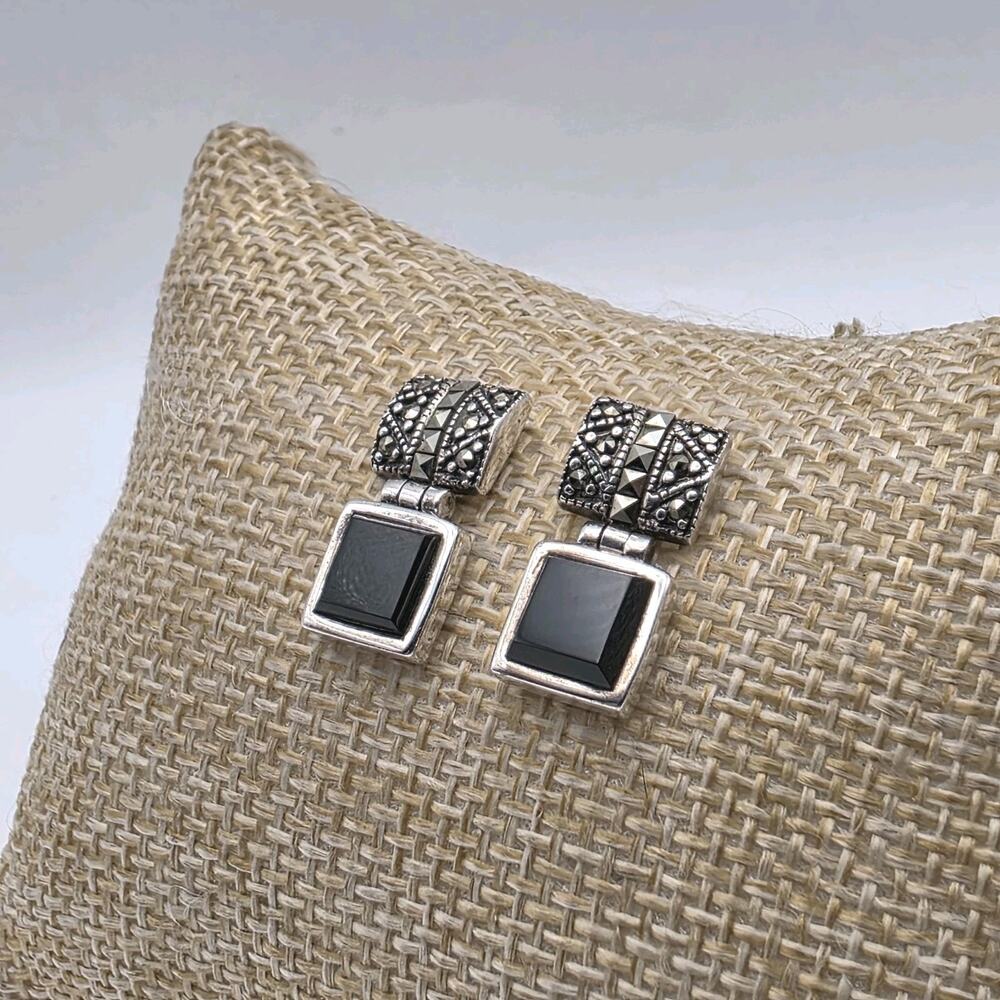 Black Onyx and Marcasite Stones Hinged Sterling Silver 925 Pierced Earrings